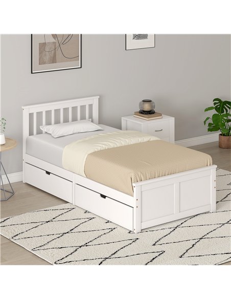 HOMCOM Wooden Single Bed Frame, with Drawers - White - pic 168389 | FastDaddyshop