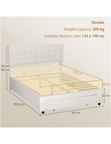 HOMCOM Double Ottoman Bed Frame, with Front Drawer - Cream