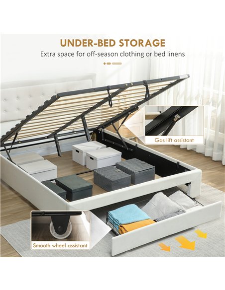 HOMCOM Double Ottoman Bed Frame, with Front Drawer - Cream - pic 168403 | FastDaddyshop