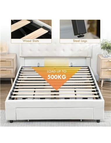 HOMCOM Double Ottoman Bed Frame, with Front Drawer - Cream