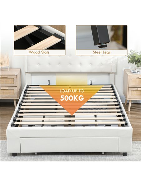 HOMCOM Double Ottoman Bed Frame, with Front Drawer - Cream - pic 168405 | FastDaddyshop