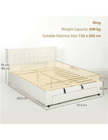 HOMCOM King Size Ottoman Bed Frame, with Front Drawer - Cream - pic 168411 | FastDaddyshop