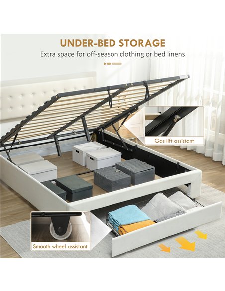 HOMCOM King Size Ottoman Bed Frame, with Front Drawer - Cream - pic 168412 | FastDaddyshop