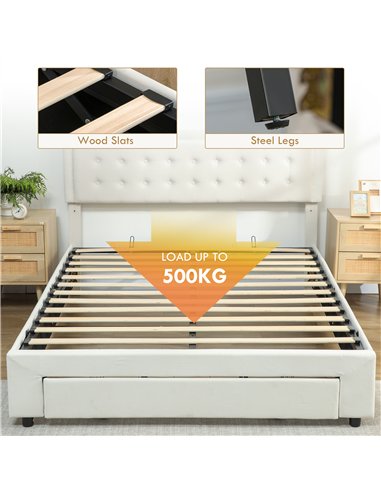 HOMCOM King Size Ottoman Bed Frame, with Front Drawer - Cream