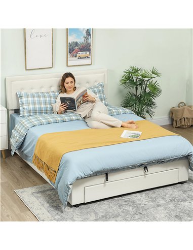 HOMCOM King Size Ottoman Bed Frame, with Front Drawer - Cream