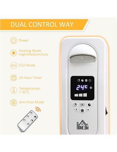Homcom 1630W Digital Oil Filled Radiator with 7 Fin, LED Display, 3 Heat Settings, Safety Cut-Off, Remote, White