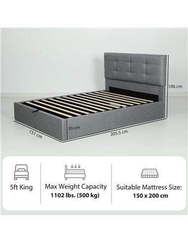 HOMCOM 5ft King Ottoman Bed with Gas Lift Storage - Grey