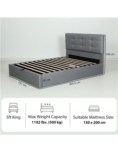 HOMCOM 5ft King Ottoman Bed with Gas Lift Storage - Grey - pic 168438 | FastDaddyshop