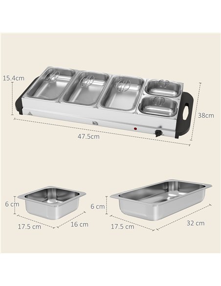 HOMCOM 5 Tray Electric Food Warmer Buffet Server with Warming Plate, Cool Touch Handles, Adjustable Temperature, 300W, 3 x 2.4L  - pic 168447 | FastDaddyshop