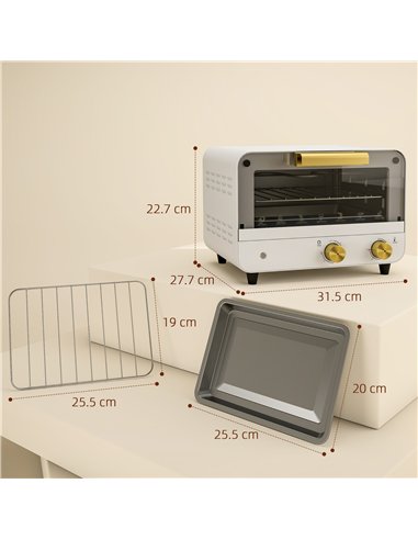 HOMCOM Small Toaster Oven, 12L Multifunction Mini Countertop Oven with Glass Door, Adjustable Temperature and Timer, White
