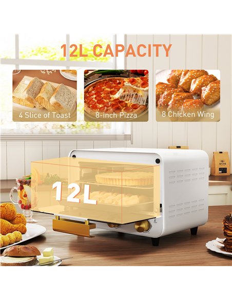 HOMCOM Small Toaster Oven, 12L Multifunction Mini Countertop Oven with Glass Door, Adjustable Temperature and Timer, White - pic 168457 | FastDaddyshop