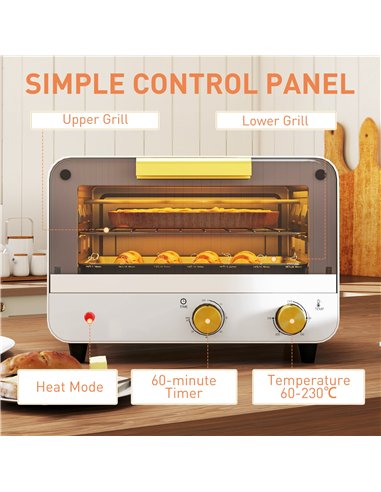 HOMCOM Small Toaster Oven, 12L Multifunction Mini Countertop Oven with Glass Door, Adjustable Temperature and Timer, White