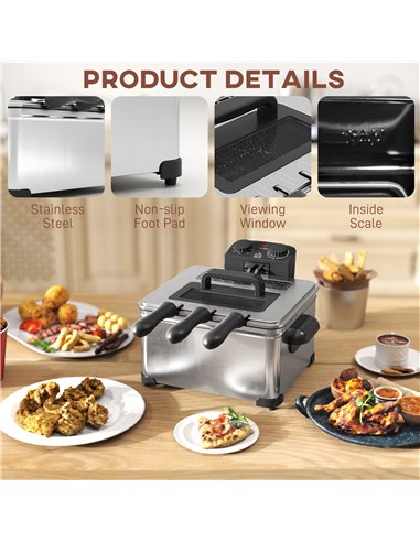 HOMCOM 5 Litre Deep Fat Fryer with Adjustable Temperature & Timer, 2000W Stainless Steel Deep Fryer with Removable Oil Basket an