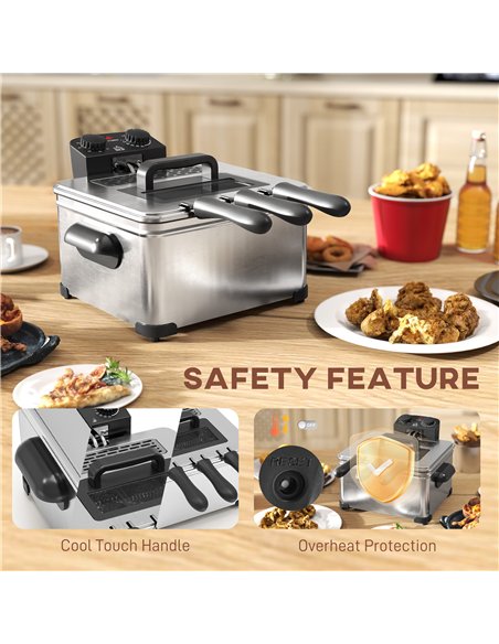 HOMCOM 5 Litre Deep Fat Fryer with Adjustable Temperature & Timer, 2000W Stainless Steel Deep Fryer with Removable Oil Basket an - pic 168477 | FastDaddyshop
