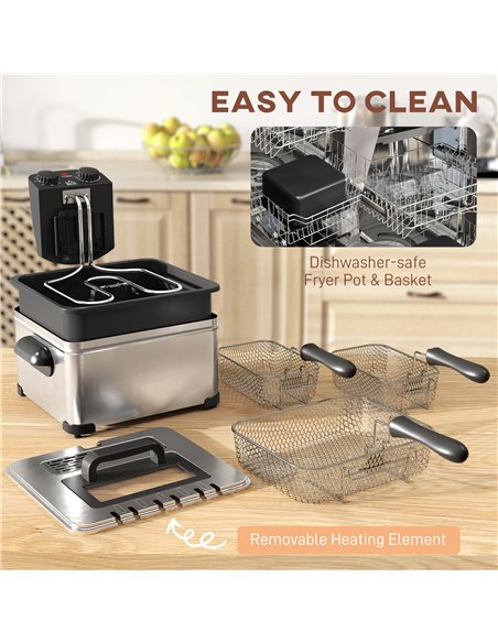 HOMCOM 5 Litre Deep Fat Fryer with Adjustable Temperature & Timer, 2000W Stainless Steel Deep Fryer with Removable Oil Basket an - pic 168478 | FastDaddyshop