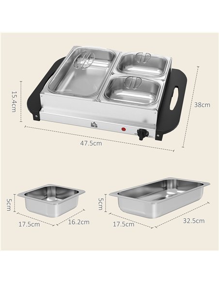 HOMCOM 4.5L Stainless Steel Electric Buffet Server, with 3x Trays and Lids, Set of 2 - pic 168492 | FastDaddyshop