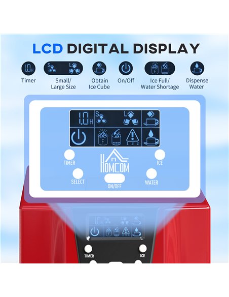 HOMCOM 3L Ice Maker Machine and Water Dispenser, 12kg in 24H, 2 Sizes 9 Ice Cubes Ready in 6-10 Mins Ice Machine, Red - pic 168504 | FastDaddyshop