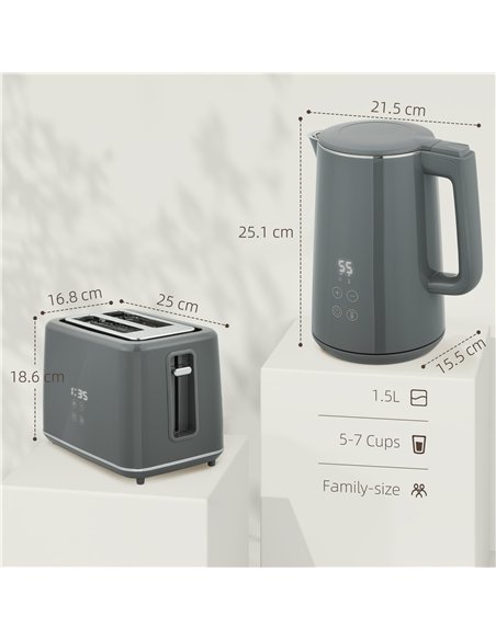 HOMCOM Digital Stainless Steel Kettle and Toaster Set, 1.5L 3000W Fast Boil Kettle, 2 Slice Toaster with 7 Level Browning Contro - pic 168519 | FastDaddyshop