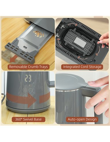 HOMCOM Digital Stainless Steel Kettle and Toaster Set, 1.5L 3000W Fast Boil Kettle, 2 Slice Toaster with 7 Level Browning Contro