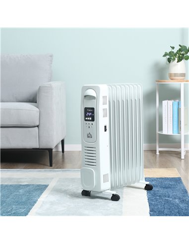 Homcom 2180W Digital Oil Filled Radiator with 9 Fin, LED Display, Timer, Safety Cut-Off, Remote, White