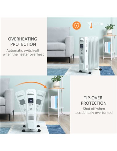 Homcom 2180W Digital Oil Filled Radiator with 9 Fin, LED Display, Timer, Safety Cut-Off, Remote, White