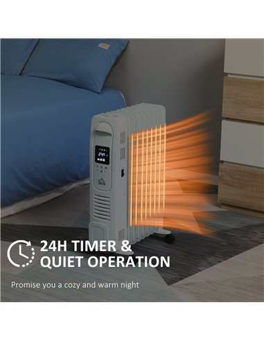 Homcom 2180W Digital Oil Filled Radiator with 9 Fin, LED Display, Timer, Safety Cut-Off, Remote, White