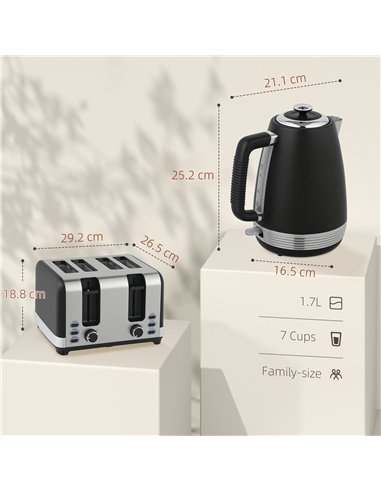 HOMCOM Stainless Steel Kettle and Toaster Set, 1.7L 3000W Rapid Boil Jug Kettle with UK Strix Thermostat, Limescale Filter, 4 Sl