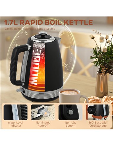 HOMCOM Stainless Steel Kettle and Toaster Set, 1.7L 3000W Rapid Boil Jug Kettle with UK Strix Thermostat, Limescale Filter, 4 Sl
