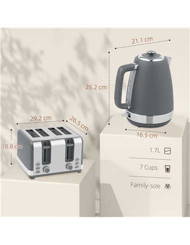 HOMCOM Stainless Steel Kettle and Toaster Set, 1.7L 3000W Rapid Boil Jug Kettle with UK Strix Thermostat, Limescale Filter, 4 Sl