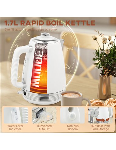 HOMCOM Stainless Steel Kettle and Toaster Set, 1.7L 3000W Rapid Boil Jug Kettle with UK Strix Thermostat, Limescale Filter, 4 Sl