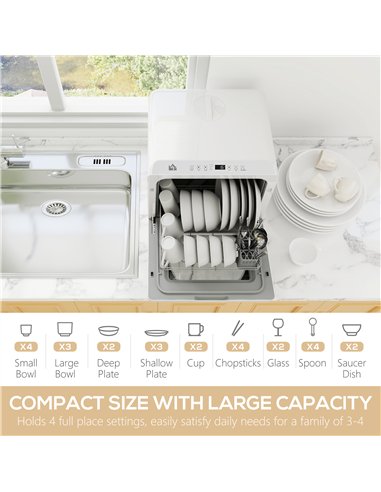 HOMCOM Table Top Dishwasher with Built-in 6L Water Tank, Mini Countertop Dishwasher with 6 Programs, 4 Place Settings, White