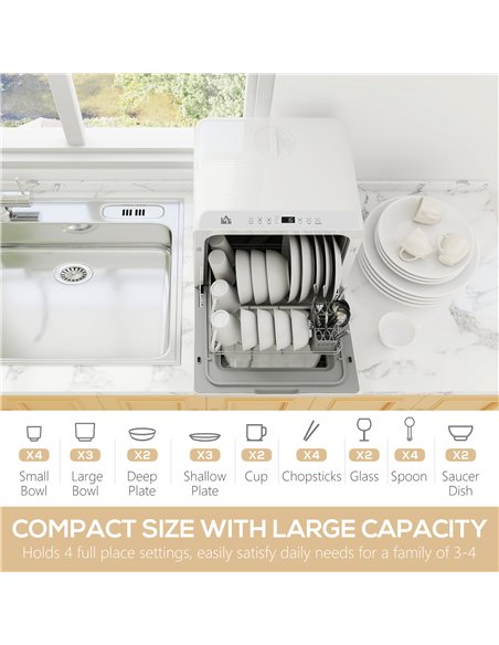 HOMCOM Table Top Dishwasher with Built-in 6L Water Tank, Mini Countertop Dishwasher with 6 Programs, 4 Place Settings, White - pic 168646 | FastDaddyshop