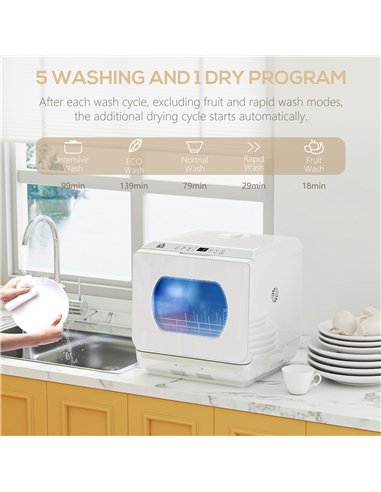 HOMCOM Table Top Dishwasher with Built-in 6L Water Tank, Mini Countertop Dishwasher with 6 Programs, 4 Place Settings, White