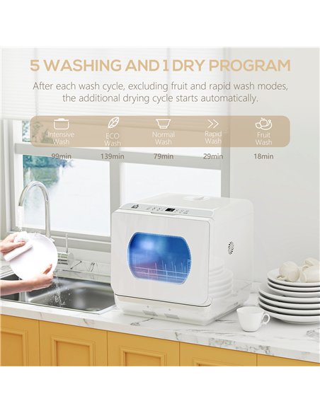 HOMCOM Table Top Dishwasher with Built-in 6L Water Tank, Mini Countertop Dishwasher with 6 Programs, 4 Place Settings, White - pic 168647 | FastDaddyshop