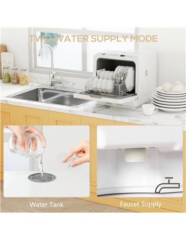HOMCOM Table Top Dishwasher with Built-in 6L Water Tank, Mini Countertop Dishwasher with 6 Programs, 4 Place Settings, White