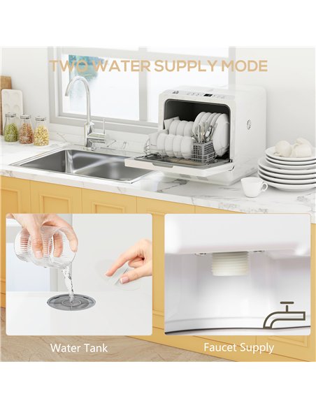 HOMCOM Table Top Dishwasher with Built-in 6L Water Tank, Mini Countertop Dishwasher with 6 Programs, 4 Place Settings, White - pic 168648 | FastDaddyshop