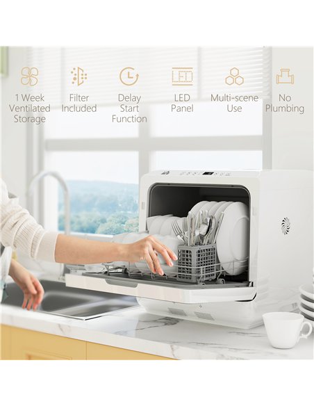 HOMCOM Table Top Dishwasher with Built-in 6L Water Tank, Mini Countertop Dishwasher with 6 Programs, 4 Place Settings, White - pic 168650 | FastDaddyshop