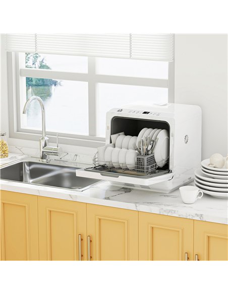 HOMCOM Table Top Dishwasher with Built-in 6L Water Tank, Mini Countertop Dishwasher with 6 Programs, 4 Place Settings, White - pic 168651 | FastDaddyshop