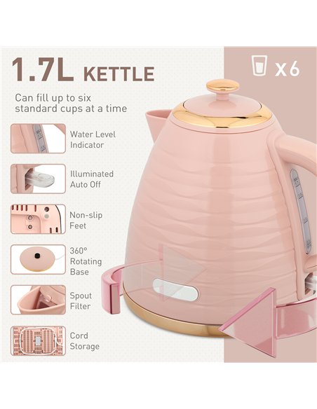 HOMCOM 3000W 1.7L Kettle & 4 Slice Toaster, Kettle and Toaster Set with 7 Browning Controls and Crumb Tray, Light Pink - pic 168709 | FastDaddyshop