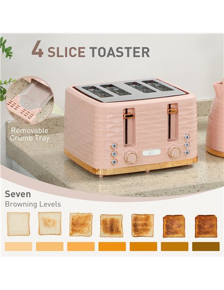 HOMCOM 3000W 1.7L Kettle & 4 Slice Toaster, Kettle and Toaster Set with 7 Browning Controls and Crumb Tray, Light Pink - pic 168710 | FastDaddyshop