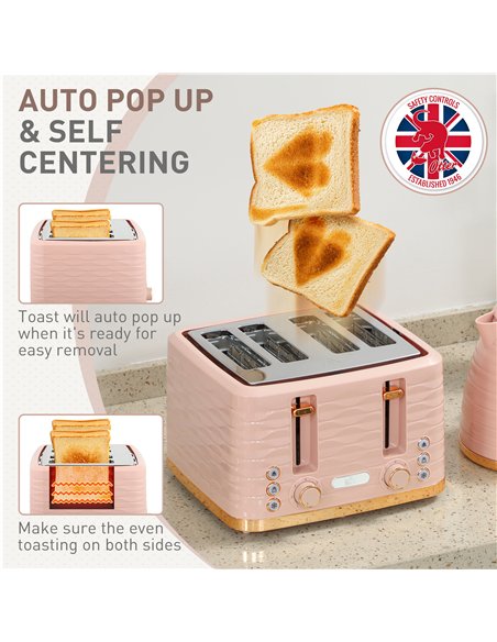 HOMCOM 3000W 1.7L Kettle & 4 Slice Toaster, Kettle and Toaster Set with 7 Browning Controls and Crumb Tray, Light Pink - pic 168711 | FastDaddyshop