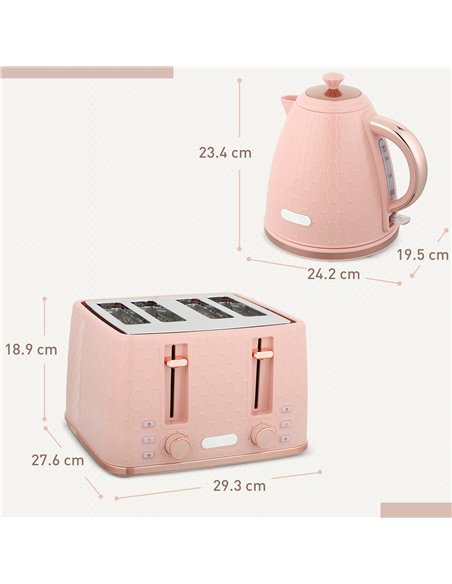 HOMCOM Kettle and Toaster Set, 1.7L 3000W Fast Boil Jug Kettle, 4 Slice Toaster with 7 Level Browning Controls, Light Pink - pic 168717 | FastDaddyshop