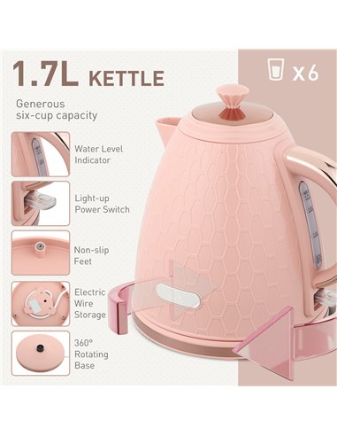 HOMCOM Kettle and Toaster Set, 1.7L 3000W Fast Boil Jug Kettle, 4 Slice Toaster with 7 Level Browning Controls, Light Pink