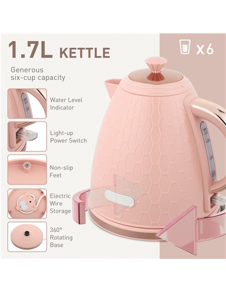 HOMCOM Kettle and Toaster Set, 1.7L 3000W Fast Boil Jug Kettle, 4 Slice Toaster with 7 Level Browning Controls, Light Pink - pic 168718 | FastDaddyshop