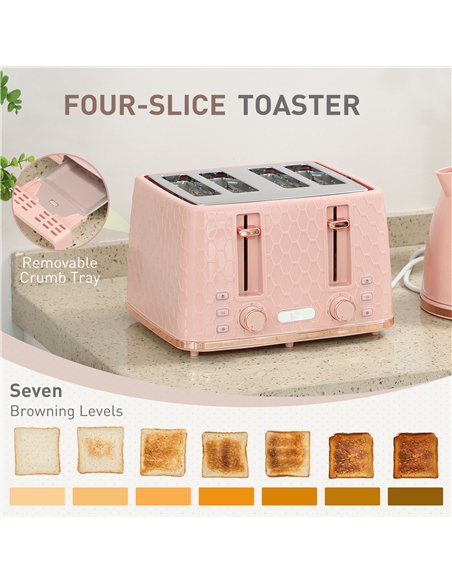 HOMCOM Kettle and Toaster Set, 1.7L 3000W Fast Boil Jug Kettle, 4 Slice Toaster with 7 Level Browning Controls, Light Pink - pic 168719 | FastDaddyshop
