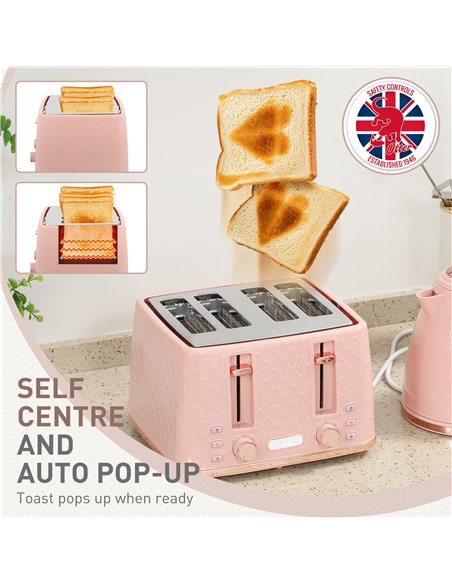 HOMCOM Kettle and Toaster Set, 1.7L 3000W Fast Boil Jug Kettle, 4 Slice Toaster with 7 Level Browning Controls, Light Pink - pic 168720 | FastDaddyshop