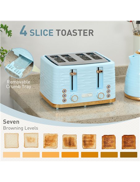 HOMCOM 3000W 1.7L Kettle & 4 Slice Toaster, Kettle and Toaster Set with 7 Browning Controls and Crumb Tray, Light Blue - pic 168728 | FastDaddyshop
