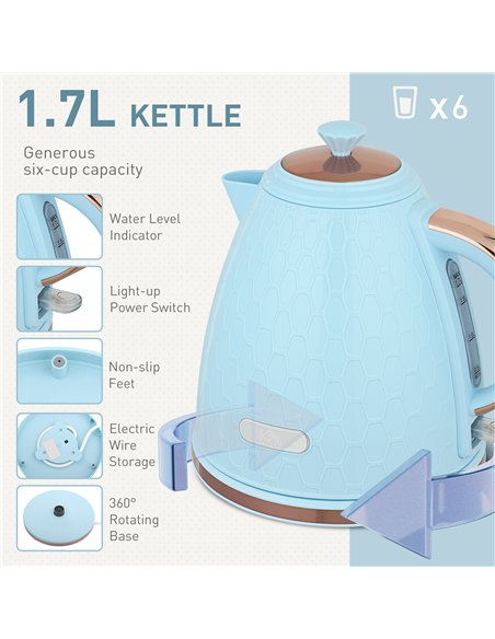 HOMCOM Kettle and Toaster Set, 1.7L 3000W Fast Boil Jug Kettle, 4 Slice Toaster with 7 Level Browning Controls, Light Blue - pic 168736 | FastDaddyshop
