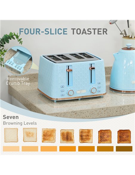 HOMCOM Kettle and Toaster Set, 1.7L 3000W Fast Boil Jug Kettle, 4 Slice Toaster with 7 Level Browning Controls, Light Blue - pic 168737 | FastDaddyshop