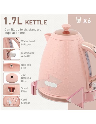 HOMCOM 1.7L 3000W Fast Boil Kettle & 2 Slice Toaster Set, Kettle and Toaster Set with Auto Shut Off, Browning Controls, Light Pi